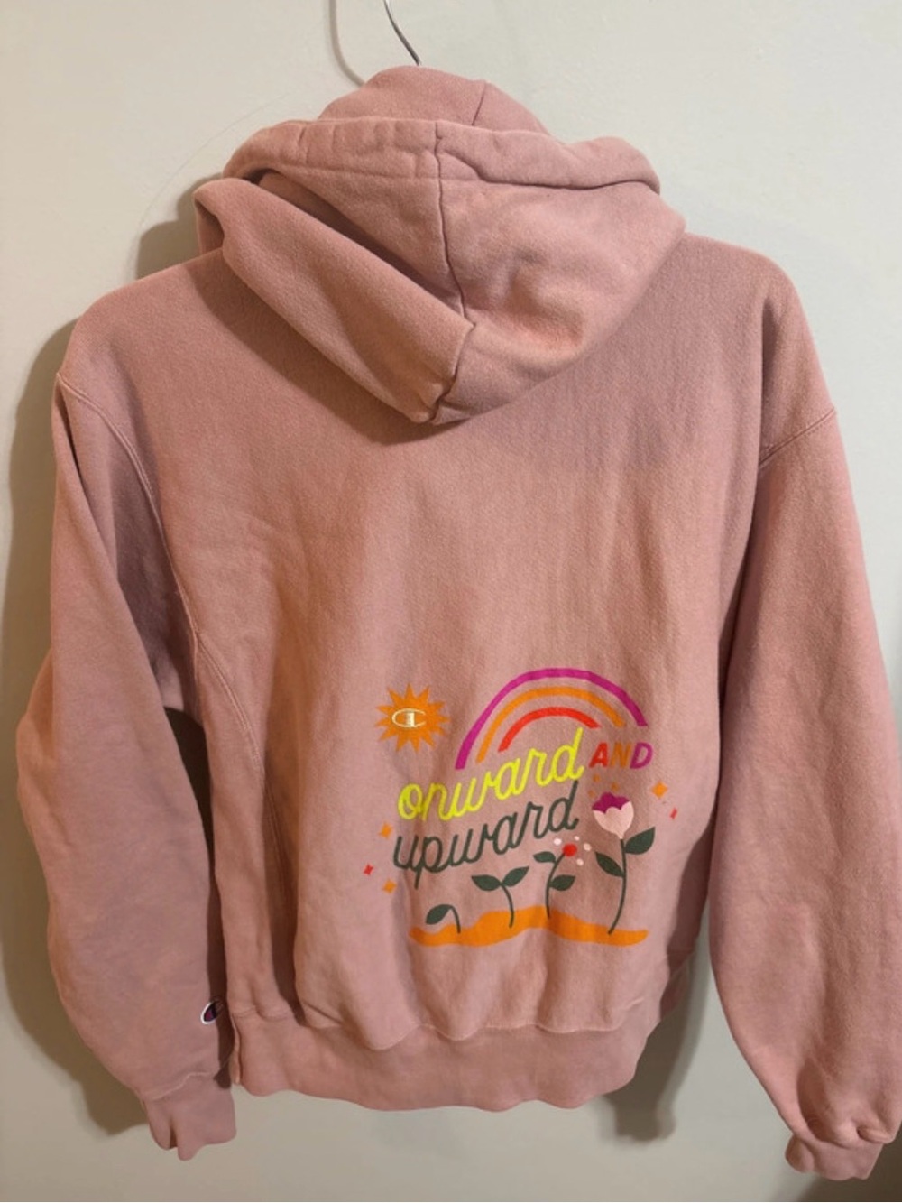 Vintage 90s (rare) Champion Women's Pink Floral Graphic Hoodie - Medium
